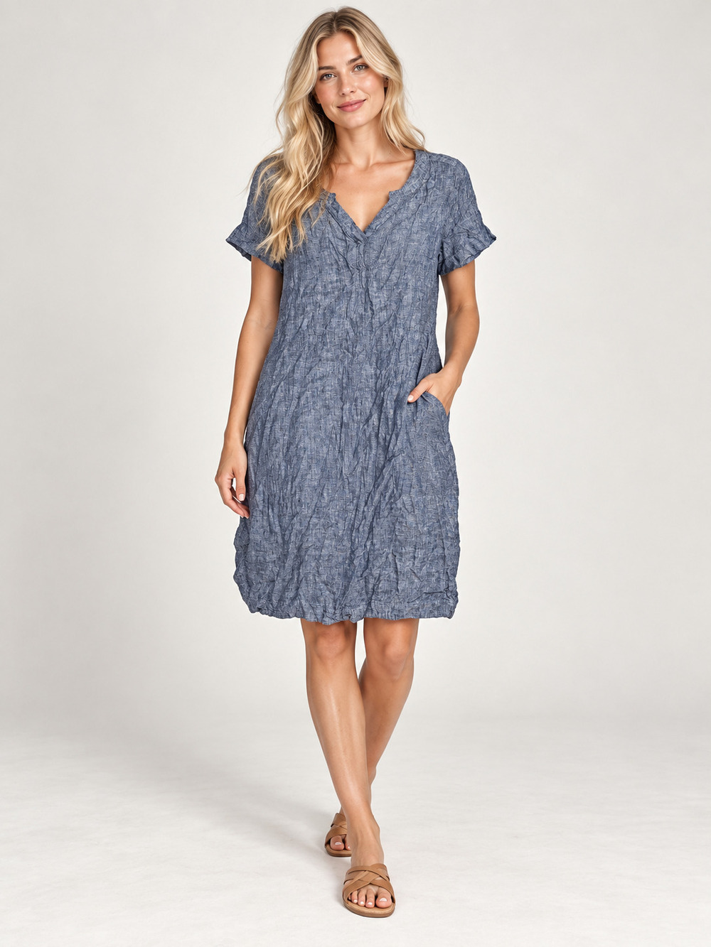 Tahari Linen Shift Dress Blue Short Sleeve V-Neck 1X #A4858